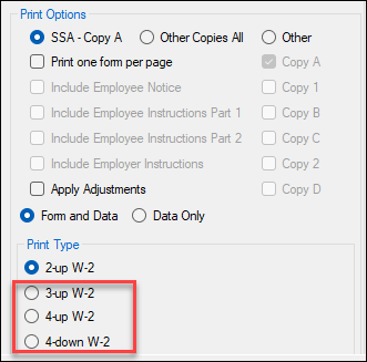 W-2 print options
